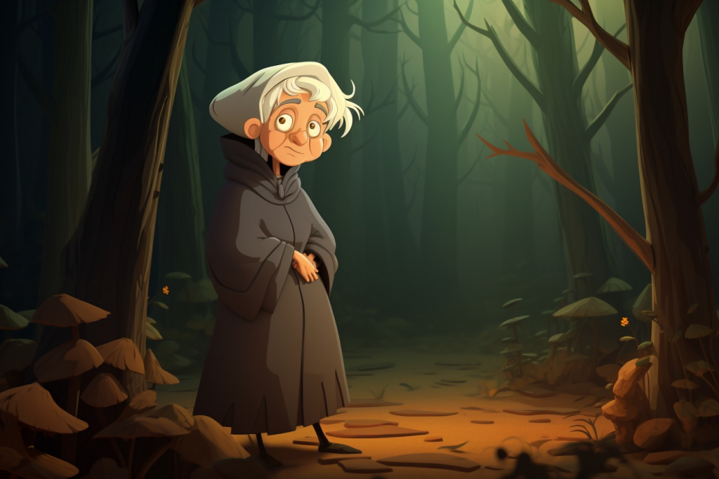 Old woman standing in a dark forest.