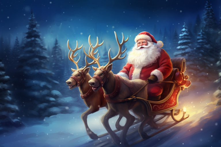 Santa Claus in his sleigh with reindeer.