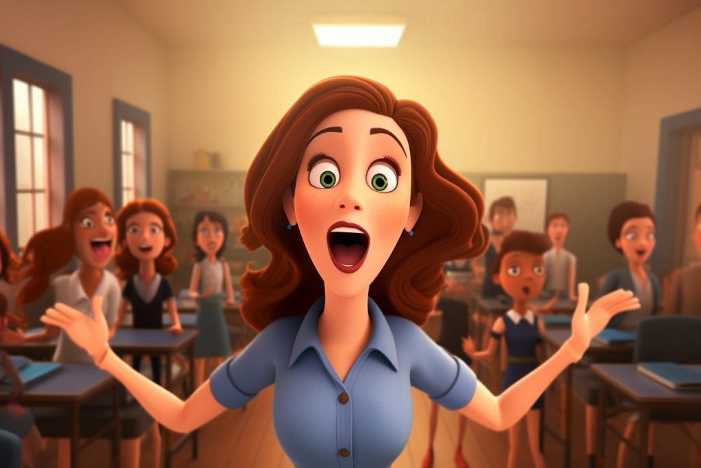 Shocked teacher waving her arms in a classroom of laughing students.