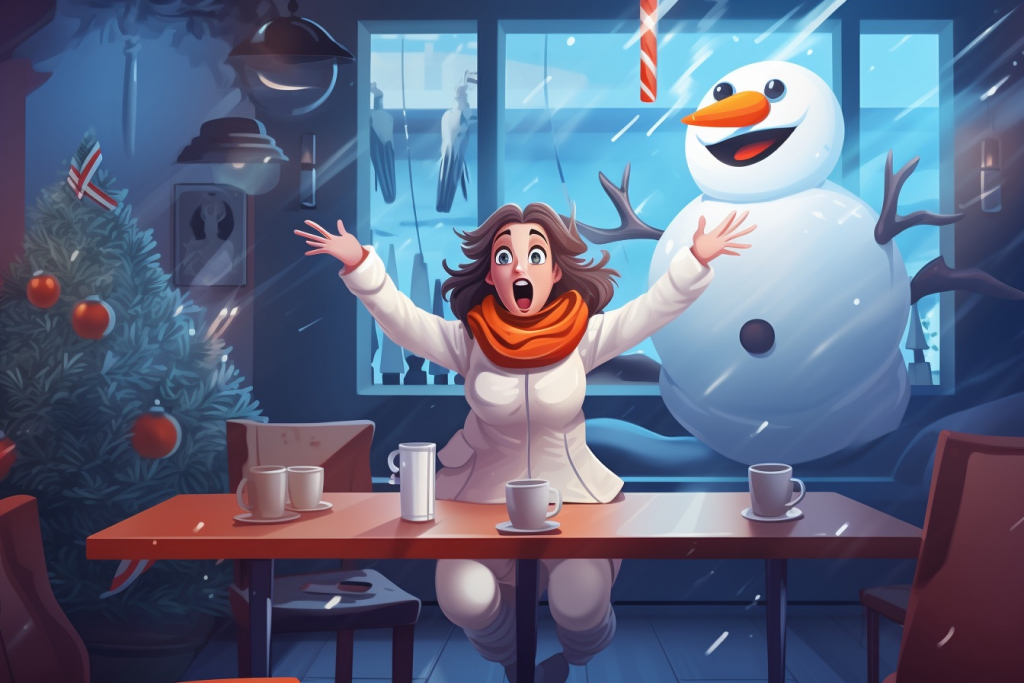 Shocked and surprised teacher in a café by snowman.