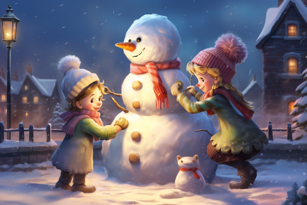 Two girls building a snowman during an evening.