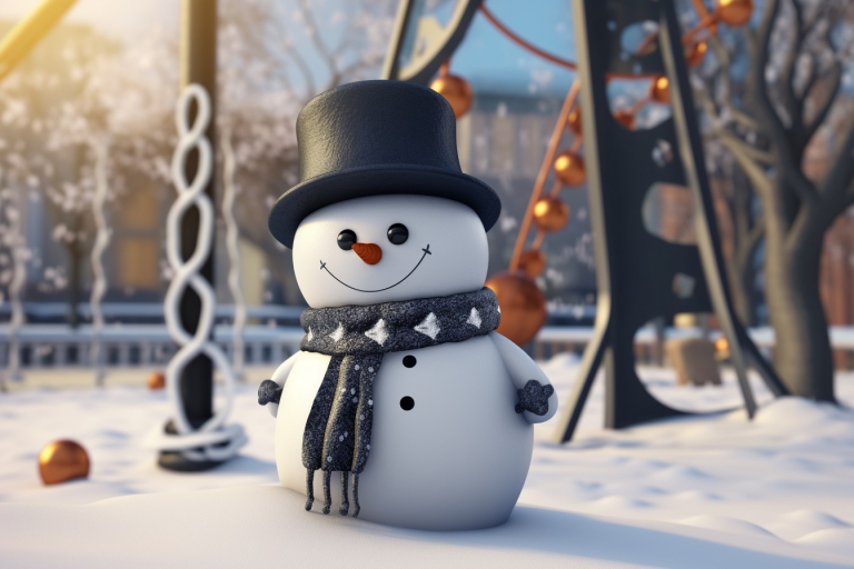 Snowman with a black hat and a scarf on a playground.