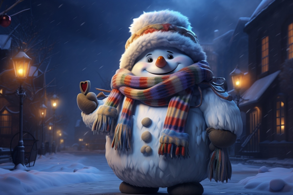 Cute snowman wearing warm clothes.