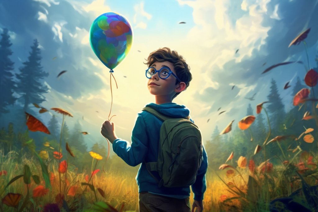 Young boy Alex holding a helium balloon Helios.