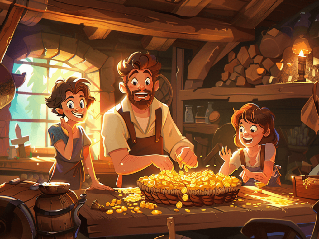 Cartoon illustration of a family of blacksmith with kids.