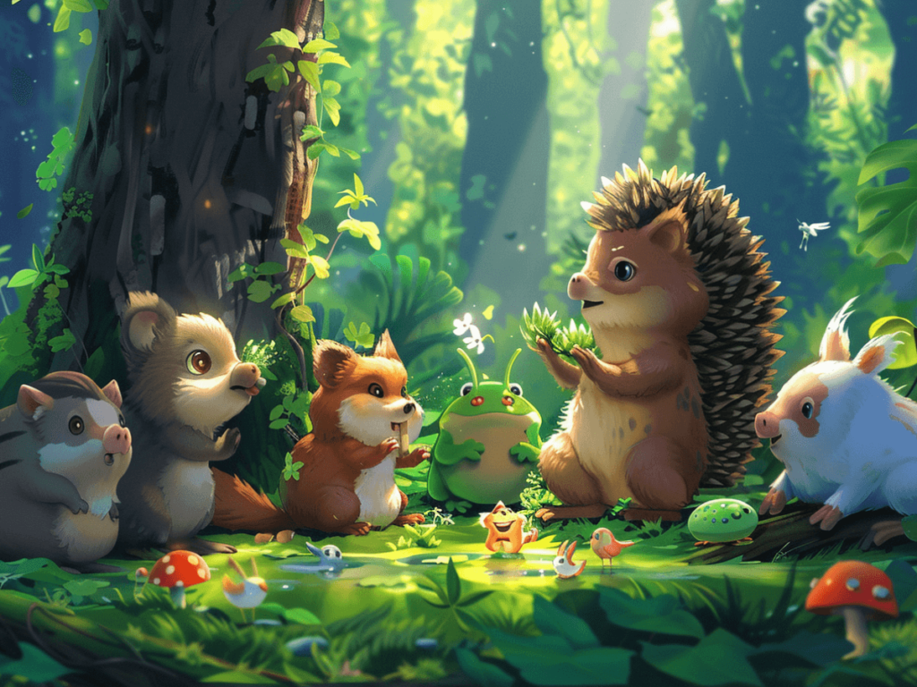 Cartoon animals in the forest.