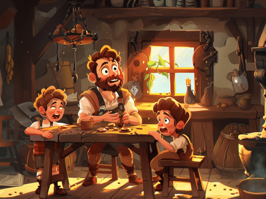 Cartoon blacksmith father with two poor kids.