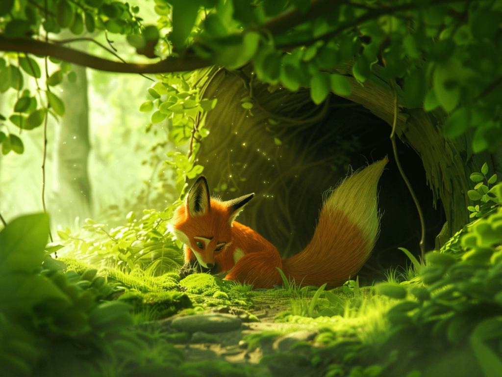 Cartoon fox in the cave.