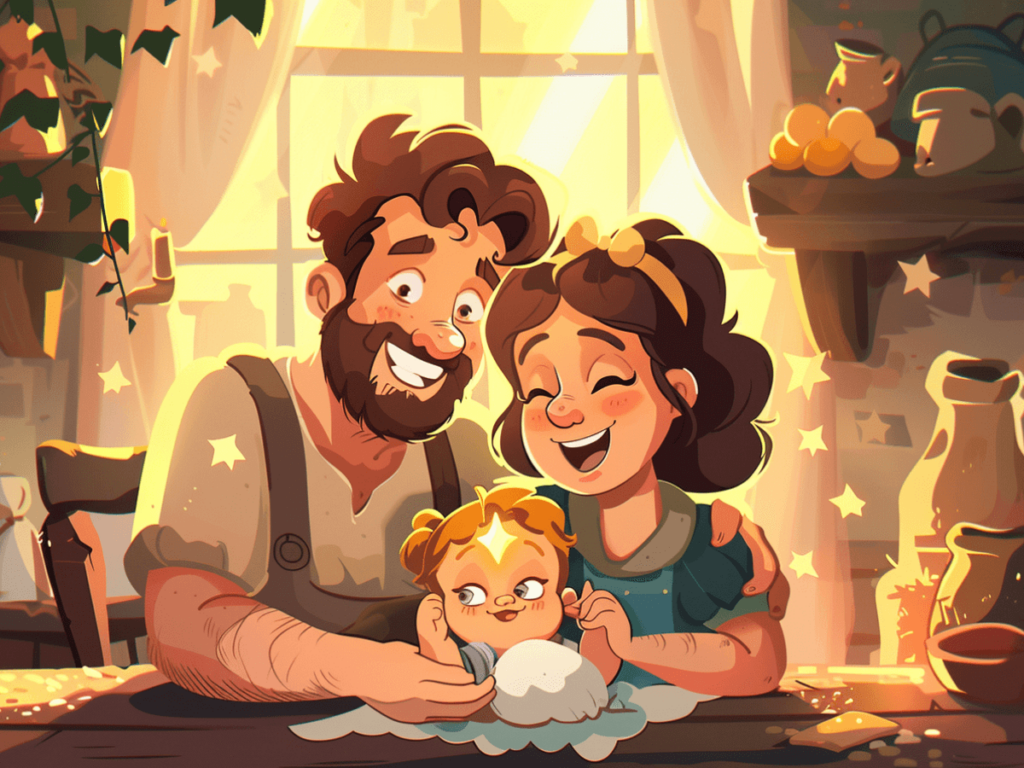 Cartoon illustration of father, wife and their newborn Goldilocks.