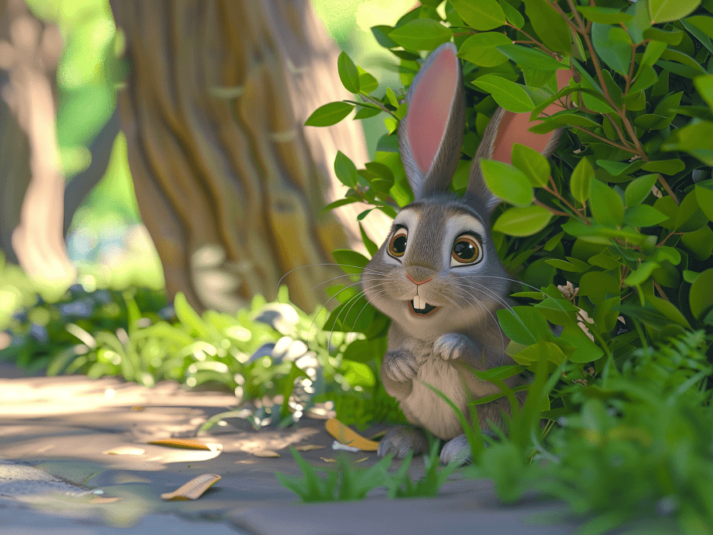 Cartoon rabbit curled up under the bush.