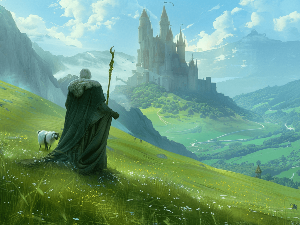 Cartoon shepherd with sheep with view on a big castle at background.