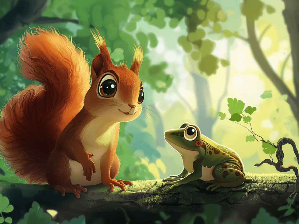 Cartoon squirrel with green cartoon frog.