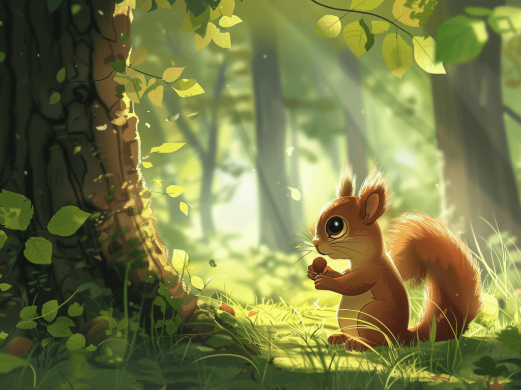 A cute cartoon squirrel holding a walnut in the forest.