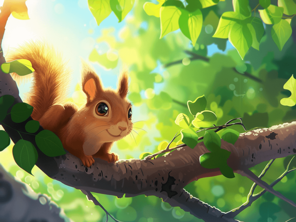 A cute cartoon squirrel with a smile on a branch.