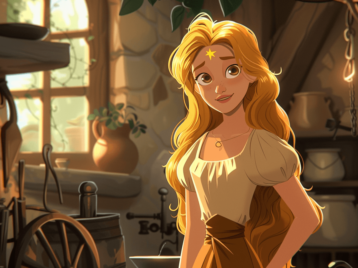 A detailed, cartoon-style illustration of Goldilocks, a young girl with flowing golden hair and a golden star on her forehead.