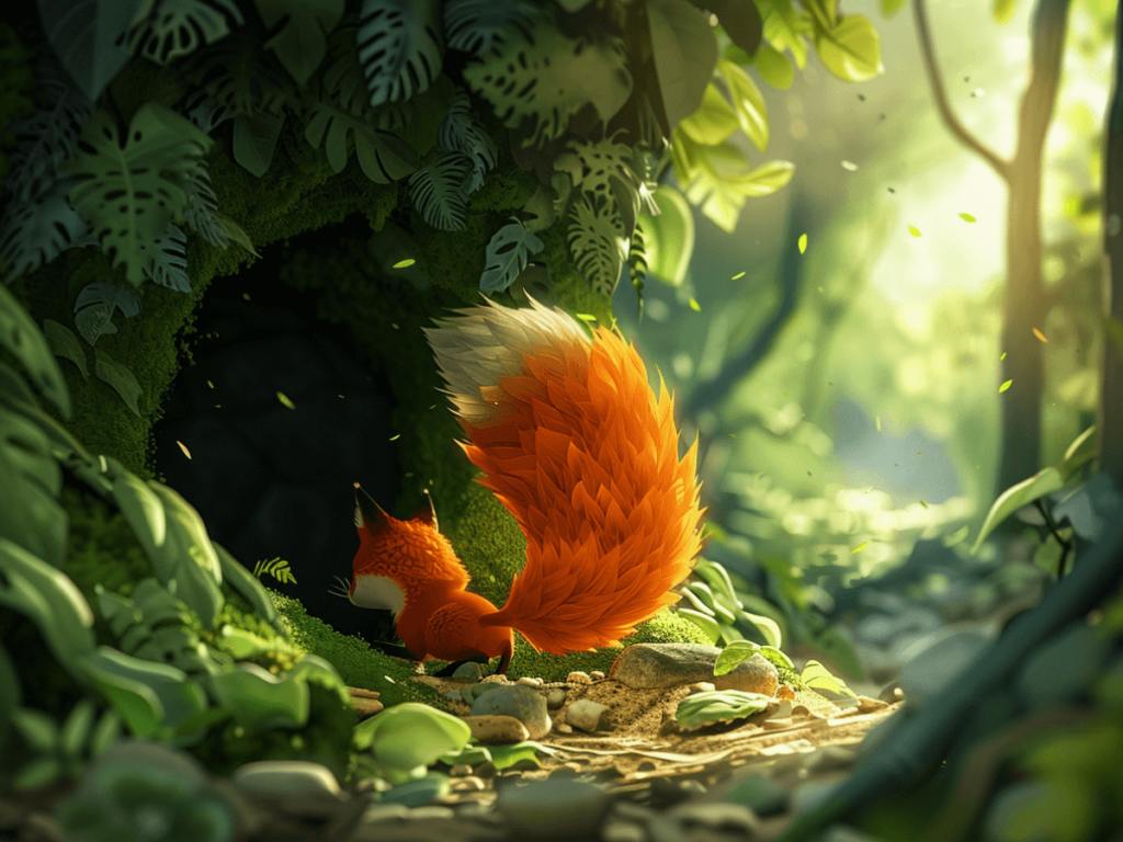 Cartoon fox's tail in the forest.