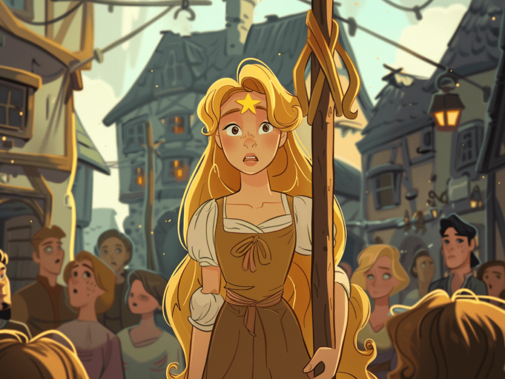 Goldilocks is tied up with a rope on a pole.