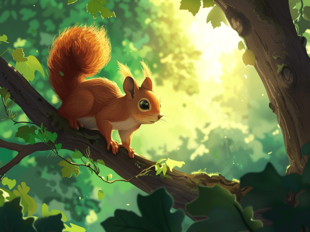 Cartoon squirrel on a branch in the forest.