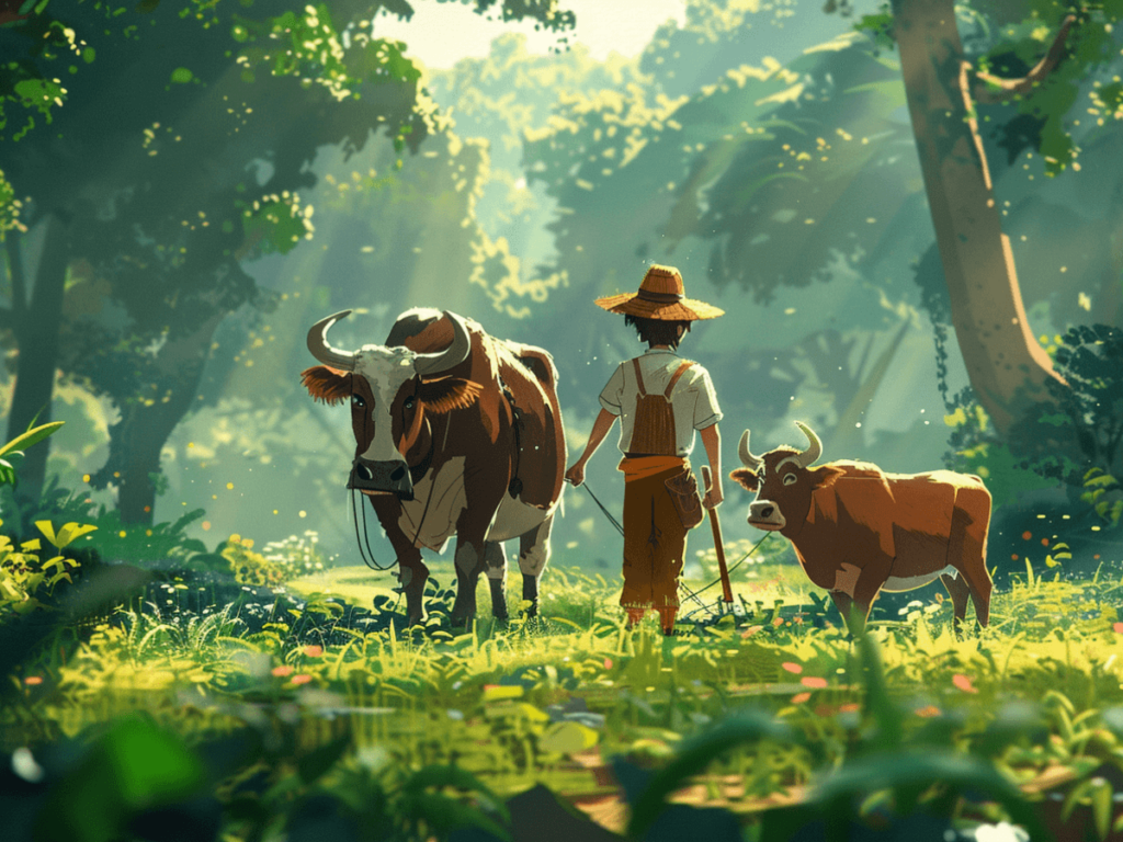 Farmer with two oxens in the forest.