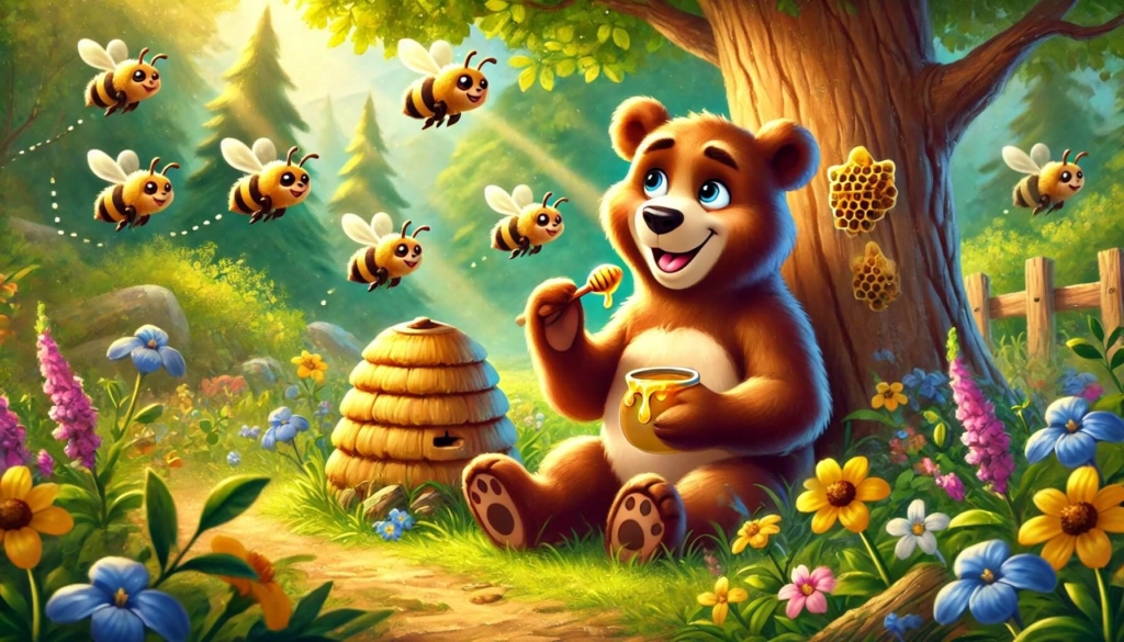 The bear eating honey under the tree with the bees.