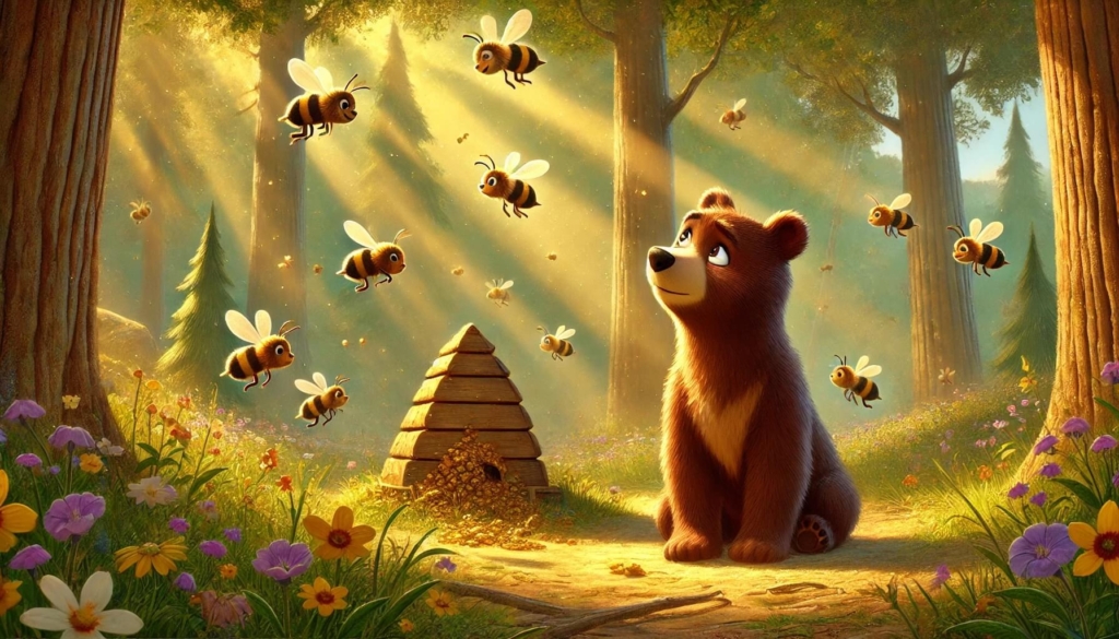 Cartoon bear looking at bees in the forest.