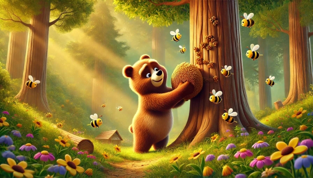 Cartoon bear holding bee's nest.