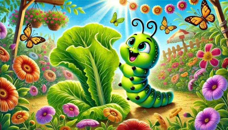 Cartoon caterpillar eating salad.