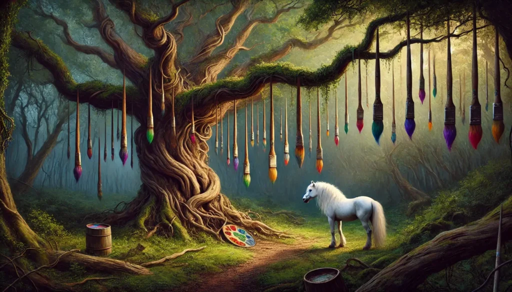 White horse standing under magical tree with pain brushes.