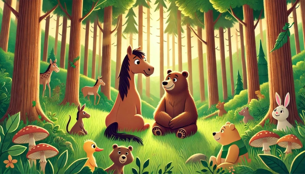 Cartoon animals sitting in the forest.