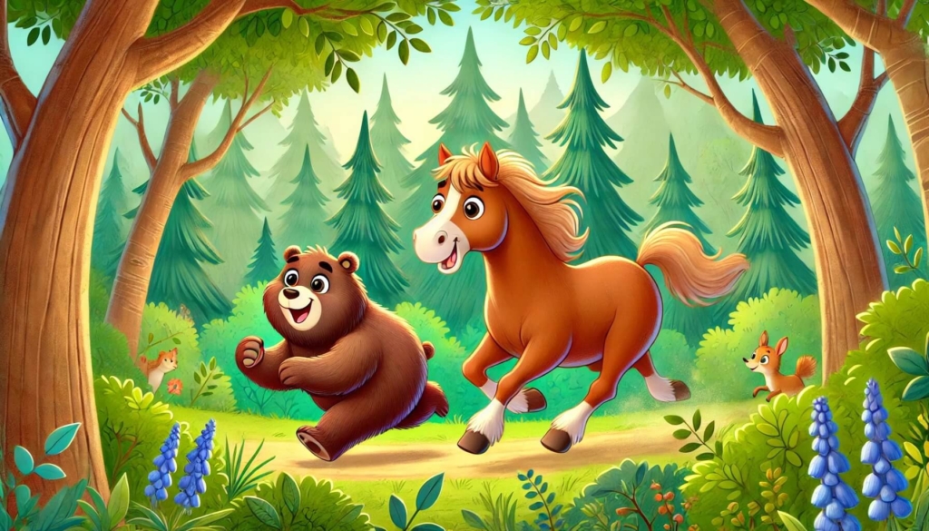 Cartoon bear with horse laughing in the forest.