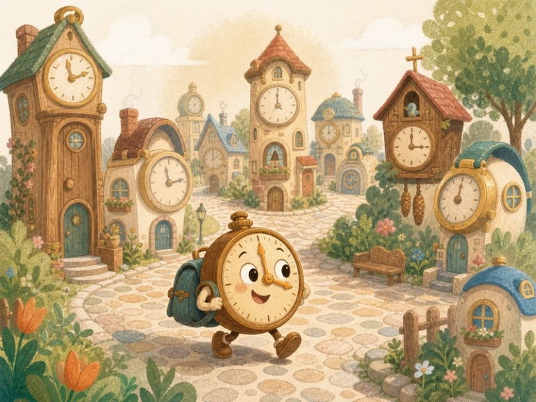 Tick Tock's Grand Adventure: Tick Tock stands on a wiggly cobblestone street in Clockville among clock-shaped houses.