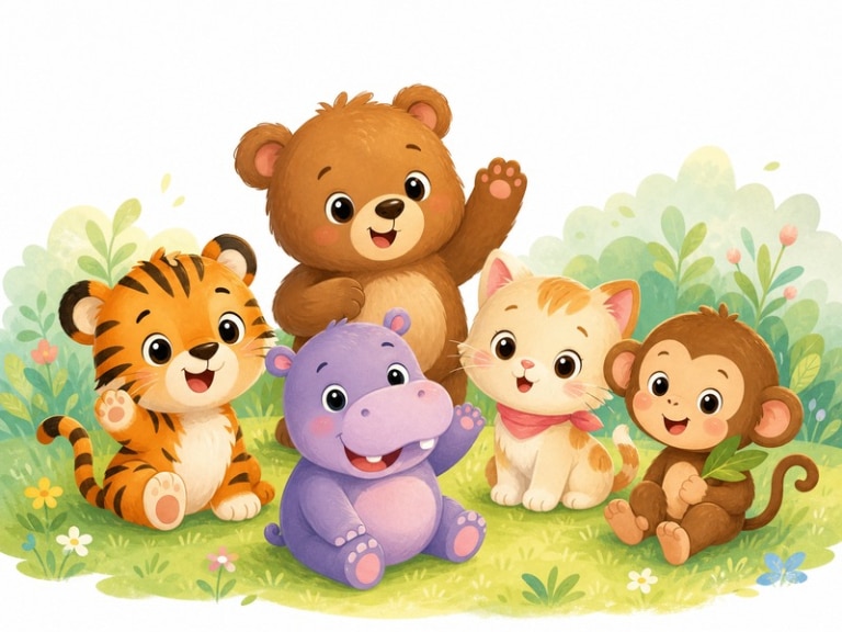 Five Little Friends: Little Tiger, Little Bear, Little Hippo, Little Kitty, and Little Monkey together in a sunny meadow.