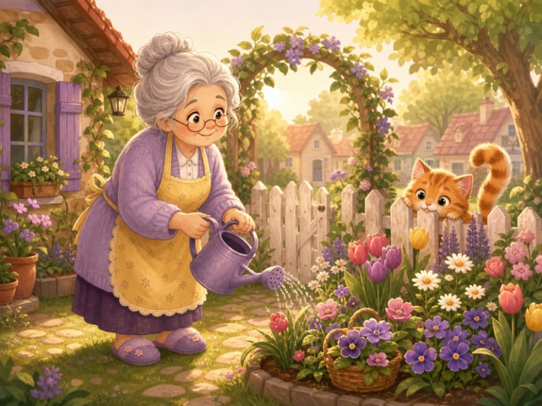 Auntie Marguerite's Garden (and one very naughty tail): Auntie Marguerite smiling in her beautiful village garden while a naughty orange cat peeks from behind the fence.