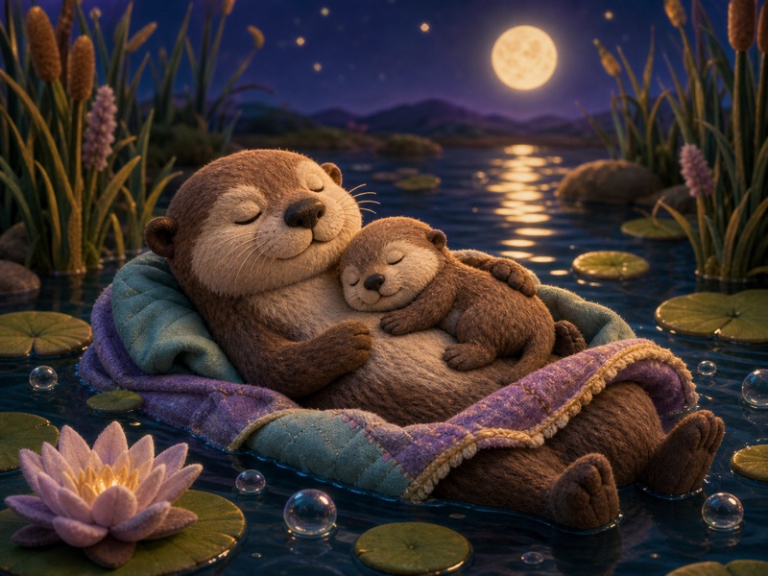 Milo's Bubble Bedtime: A warm storybook cover illustration of a baby otter lying on Mama otter's belly on a calm pond at bedtime, soft reeds nearby, gentle evening colors,