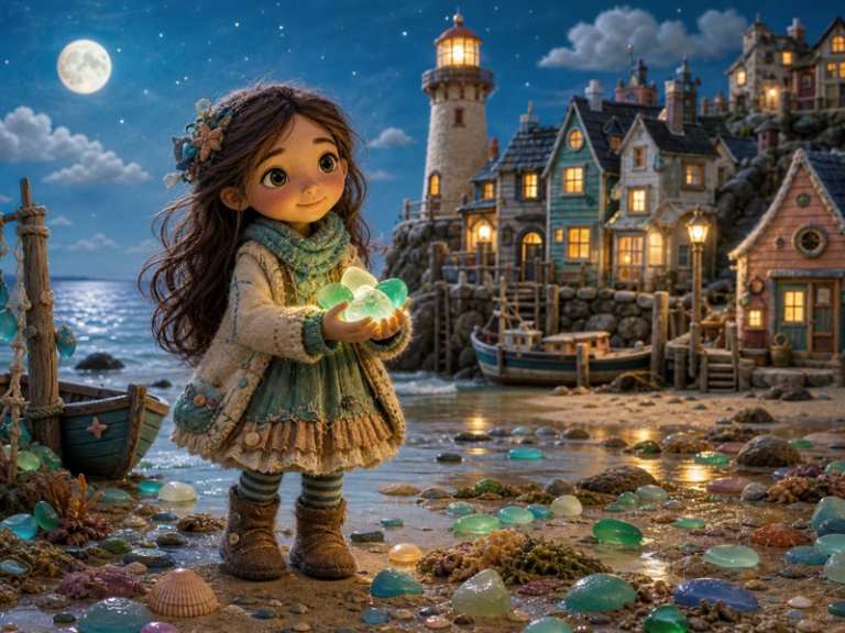 The Sea-Glass Post Office: A gentle colorful storybook cover illustration of a ten-year-old girl on a low-tide beach holding glowing sea glass, with a cozy harbor town and