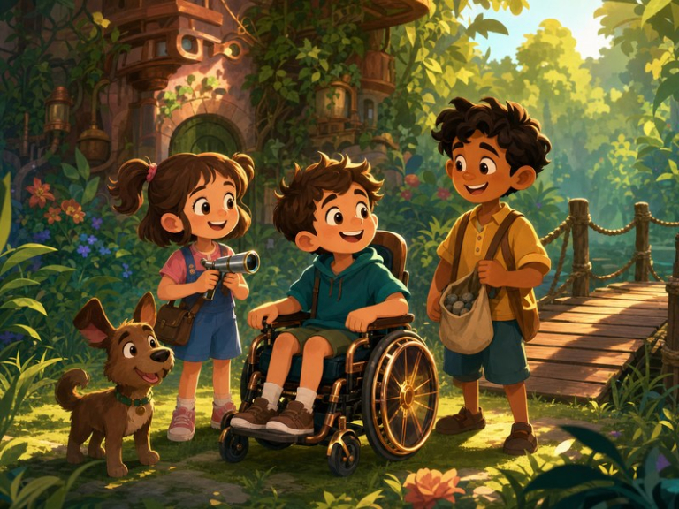 Wheels of Wonder: Max in his copper-accented wheelchair with Sara, Luis, and a small brown dog near the magical inventor house.