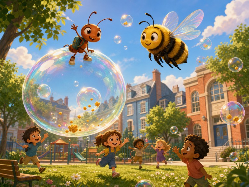 Filip the Little Ant and the Bubble: Filip the little ant rides a glowing bubble beside Junie the bee above a sunny playground.