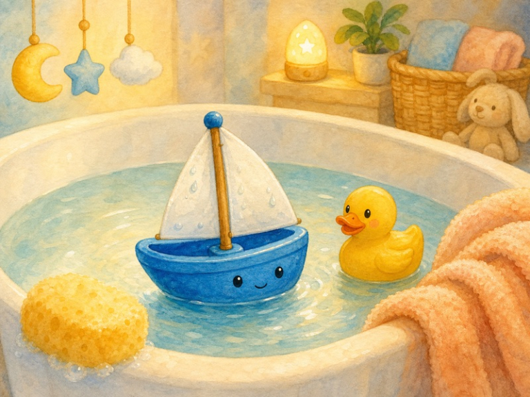 The Little Blue Boat's Wet Sail: A warm gentle storybook cover illustration for babies: a tiny blue toy boat with a slightly wet white sail on warm bath water, a cheerful yellow duck