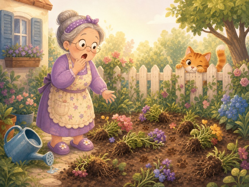 Auntie Marguerite's Garden (and one very naughty tail): Auntie Marguerite discovers uprooted flowers and tiny paw prints in her garden.