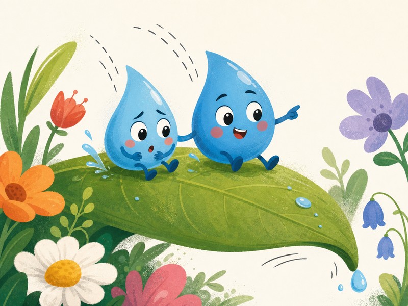 Plink Goes to the Sea: Plink and Plop land on a green leaf as it begins to tip.