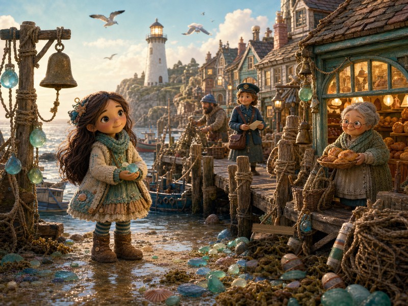The Sea-Glass Post Office: A warm harbor town morning with gulls, fishing boats, rope bells, bakery windows, and a white lighthouse on a rocky point, soft coastal fantasy style