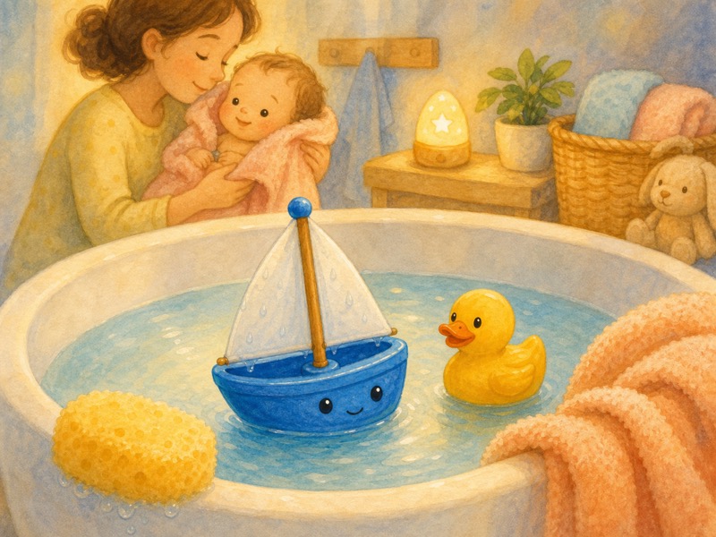 The Little Blue Boat's Wet Sail: A cozy baby bath-time room just after bath time: Mama lifting Baby into a soft towel in the background, bath toys waking in warm water, little blue