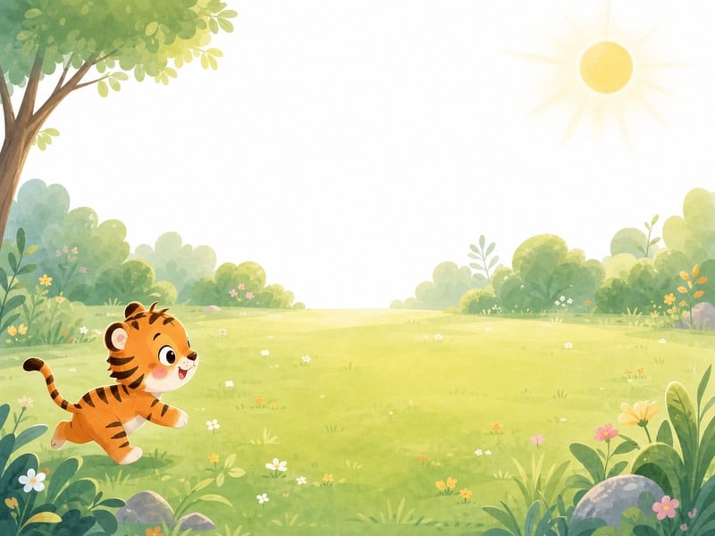 Five Little Friends: Little Tiger running into a quiet sunny meadow.