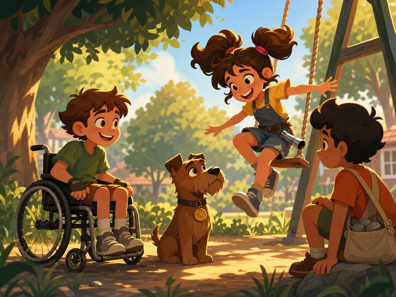 Wheels of Wonder: Max meets Sara and Luis in the park while the friendly dog sits between them.