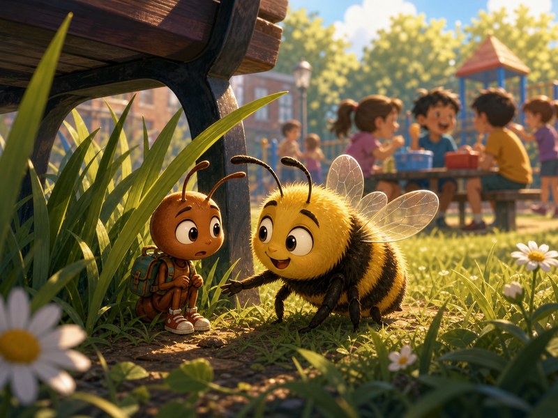 Filip the Little Ant and the Bubble: Filip meets Junie the friendly bee near a giant playground bench.