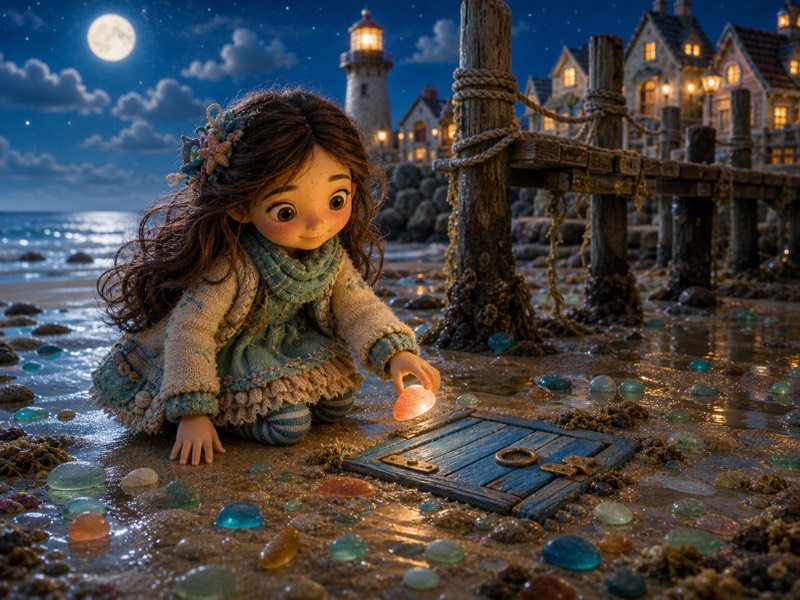 The Sea-Glass Post Office: Isla kneeling near an old pier at low tide, discovering a peach-colored piece of glowing sea glass beside a tiny blue trapdoor in the wet sand,