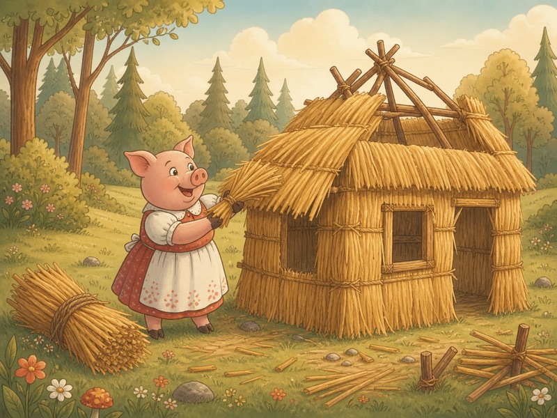 The Tale of the Three Little Pigs: The first little pig happily building a small golden straw house in a meadow, straw bundles nearby, cheerful sunlight, rounded cute pig character