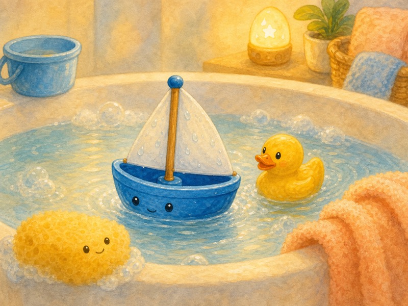 The Little Blue Boat's Wet Sail: The little blue toy boat and cheerful yellow duck playing one tiny chase game in warm bath water, soft bubbles, round cup nearby, sponge watching
