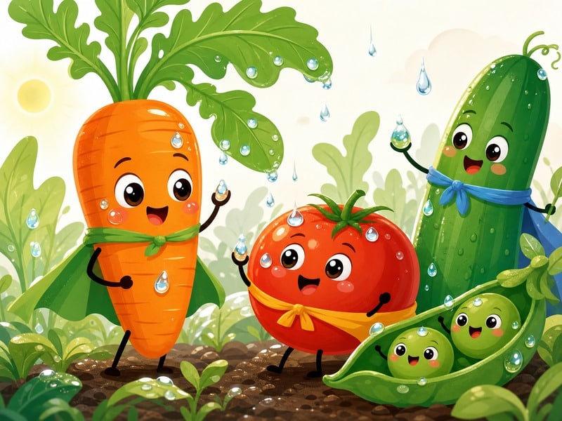 A Day in Vegetable Village: Dew drops washing Carrot, Mr. Tomato, Cucumber, and Pea.