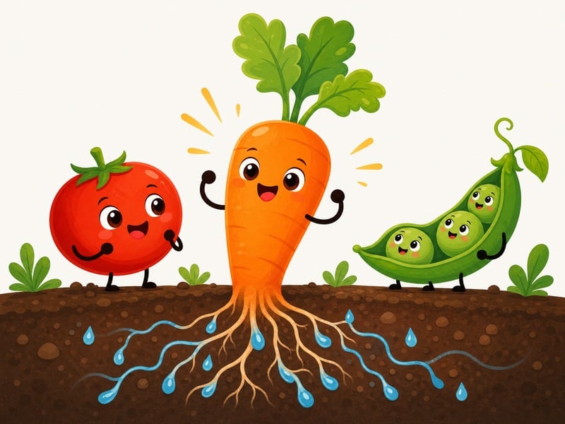 A Day in Vegetable Village: Carrot drinking water through her roots and growing taller.
